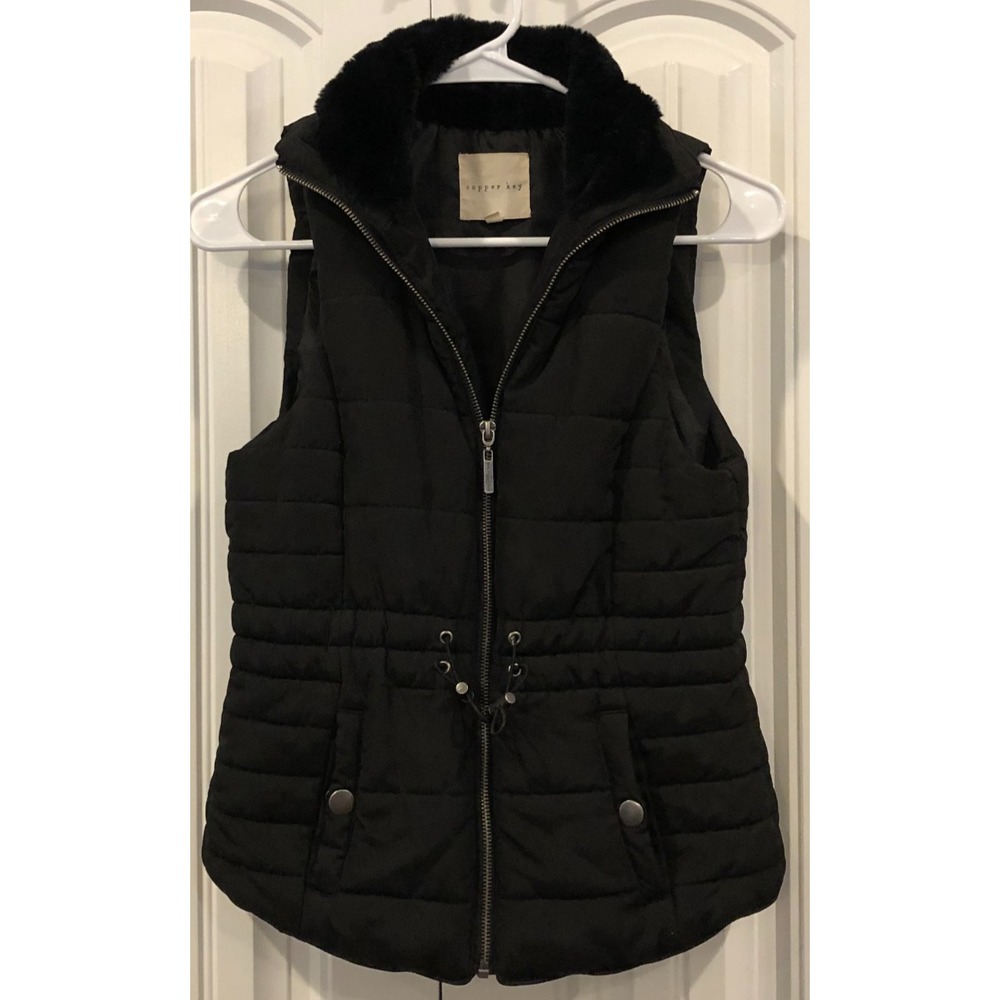 Copper Key Women's M Black Puffer Vest Quilted Faux Fur Collar Drawstring Waist